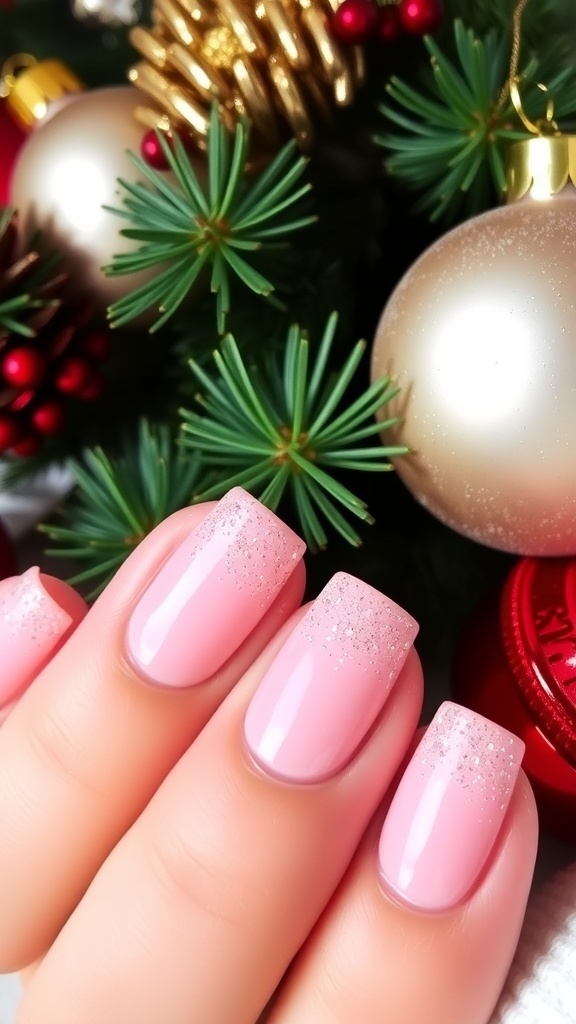 Natural Pink Christmas Nail Art Natural pink Christmas nails with glitter accents, set against a festive background.